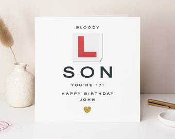 Funny 17th Birthday Card for Son: Learner Plate & Glitter Heart