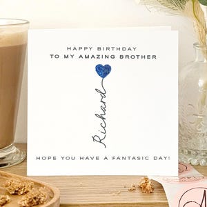 Nom personnalisé carte d'anniversaire frère, carte d'anniversaire coeur bleu pailleté pour frère, carte d'anniversaire frère, carte d'anniversaire frère de luxe