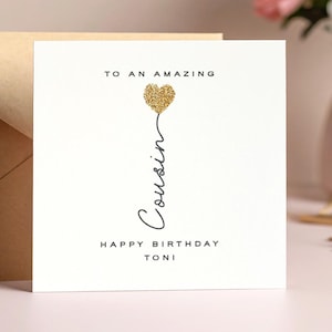 Personalised sparkly cousin birthday card, Red glitter heart birthday card for cousin, Delicate birthday card, Luxury cousin card