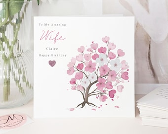Luxury Handmade Personalised Birthday Card for Wife, Heart Flower Tree