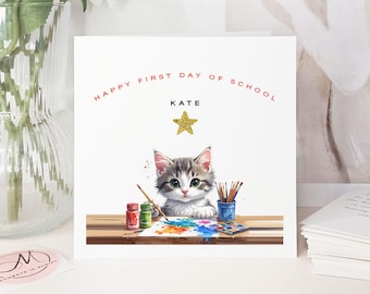 Personalised First Day of School Card: Kitten Artist, Gold Glitter Star