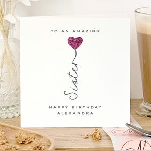 Personalised sparkly sister birthday card, Pink glitter heart birthday card for sister, Delicate birthday card, Luxury sister card, Sis gift