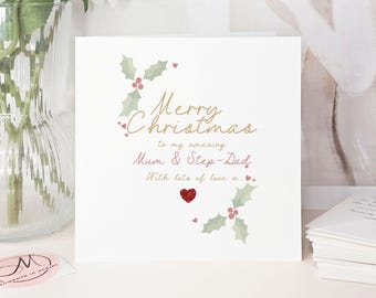 Merry Christmas Mum & Step-Dad Card – Elegant Holly Design – Festive Holiday Card for Parents