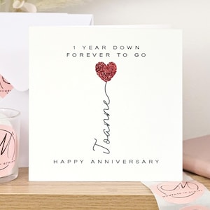 Carte d'anniversaire de 1 an de luxe pour femme avec un coeur rouge à paillettes écologiques, carte d'anniversaire de 1 an rouge personnalisée pour mari