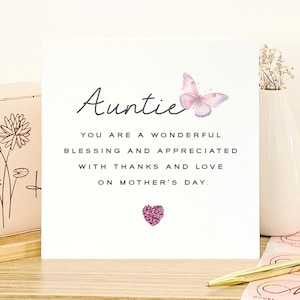 Carte de fête des mères luxueuse finie à la main pour tante, motif coeur papillon rose pailleté, carte de fête des mères premium, cadeau élégant pour tante