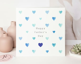 Happy Father's Day Card For Him, Watercolour Blue and Green Hearts