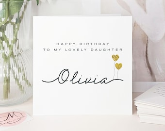 Luxury Handmade Personalised Daughter Birthday Card: Biodegradable Glitter, Gold Hearts