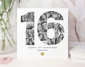 Luxury Handmade Personalised 16th Birthday Black & White Photo Card: Gold Glitter Keepsake