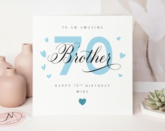Luxury 70th Birthday Card for Brother, Blue Design with Glitter Heart