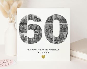 Luxury Handmade Personalised 60th Birthday Black & White Photo Card: Gold Glitter Keepsake