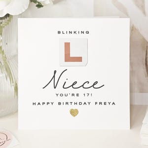 Luxury Handmade 17th Birthday Card for Niece: Gold Biodegradable Glitter Heart, Red Learner Plate