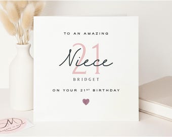 Luxury 21st Birthday Card for Niece, Pink Glitter Heart Design