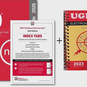 May include: A collection of electrical reference materials, including the NFPA 70 National Electrical Code 2026 Edition, index tabs, and Ugly's Electrical References 2023 Edition. The books are red and yellow with white text and graphics.
