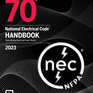 May include: A black handbook titled "National Electrical Code Handbook 2023" with the NFPA logo and "70" in red. The cover features a white and black design with the "nec" logo and lightning bolts.