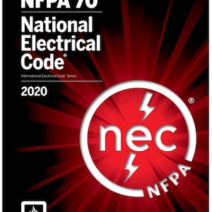 May include: A book cover for the "NFPA 70 National Electrical Code 2020". The cover is predominantly black and red, with white text. The "nec" logo is in a red circle with lightning bolts.