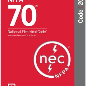 May include: A red book cover with the text "NFPA 70 National Electrical Code" in white. The number "70" is large and prominent. A white circle with "nec" and lightning bolts is in the center. The text "Code 2026" is on the right side.