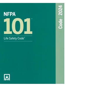 May include: A teal-colored book titled "NFPA 101 Life Safety Code 2024." The cover features the text "NFPA" above the large number "101" in a bold, sans-serif font. The words "Life Safety Code" are below the number. The book has a green spine.