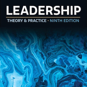 May include: A book cover with the title "LEADERSHIP" in large white letters. The author's name, Peter G. Northouse, is at the top. The subtitle reads "THEORY & PRACTICE • NINTH EDITION." The background features a blue and white abstract design.