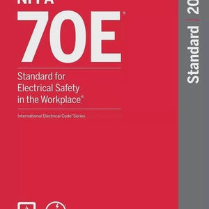 May include: A red book cover with the text "NFPA 70E Standard for Electrical Safety in the Workplace" in white. The book also includes the text "International Electrical Code Series" and the year "2024". The NFPA and NEC logos are at the bottom.