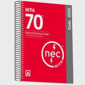 May include: A red spiral-bound book titled "NFPA 70 National Electrical Code." The cover features the number "70" in large white font, the "nec" logo, and the text "Code 2026."