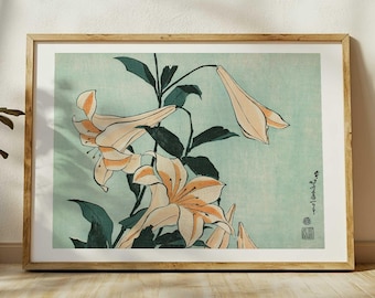 Katsushika Hokusai Print - &quot;Lilies&quot; wall art, Japanese Ukiyo-e Art, Vintage Japan Wall Decor, Woodblock Style, Japandi Print