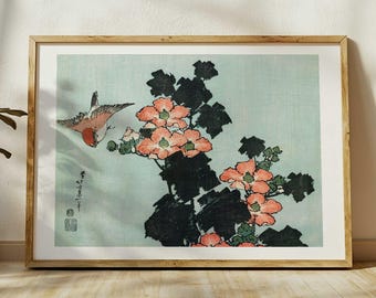 Katsushika Hokusai Print - &quot;Hibiscus and Sparrow&quot;, Japanese Ukiyo-e Art, Vintage Japan Wall Decor, Woodblock Style, Japandi Print