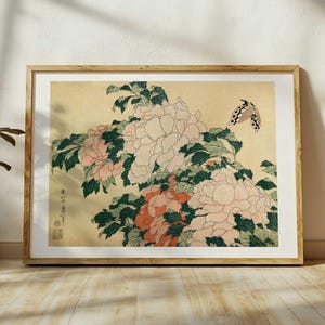 Katsushika Hokusai Print - &quot;Peonies and Butterfly&quot; wall art, Japanese Ukiyo-e Art, Vintage Japan Wall Decor, Woodblock Style, Japandi Print