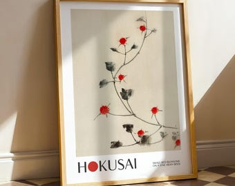 Katsushika Hokusai Print - Small red blossoms on a vine, Japanese Ukiyo-e Art, Vintage Japan Wall Decor, Woodblock Style, Japandi Print