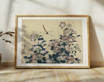 葛飾北斎版画 - 「トンボと桔梗」、日本の浮世絵アート、ヴィンテージ