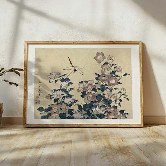 葛飾北斎版画 - 「トンボと桔梗」、日本の浮世絵アート、ヴィンテージ