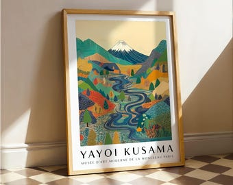 草間彌生の富士山プリント：日本の山の風景、色彩豊かなモダンな壁
