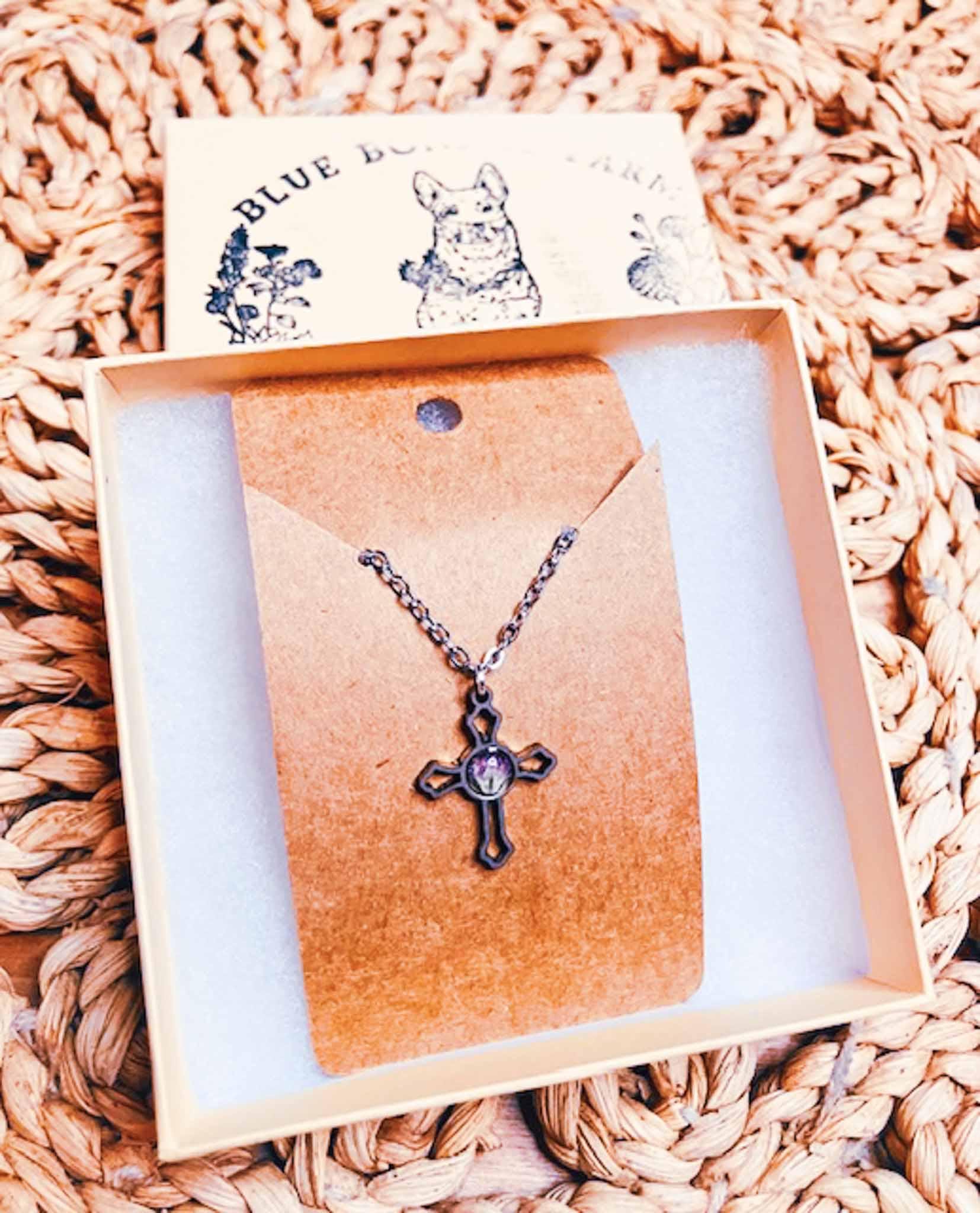 Dainty Cross Flower Pendant Necklace, Wildflower Necklace, Hypoallergenic Stainless Steel, Real Flower Petals, Handmade Unique Gift for Her