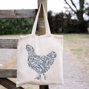 sac fourre-tout brodé poulet, poulet coloré, cadeau pour amateur de poulet, maman poulet, animal de la ferme, fourre-tout pour marché de producteurs, sac réutilisable, sac de livre