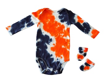 Orange & Blue Bodysuit, Short or Long Sleeve, Dark Blue and Orange Baby Set, add socks/bib/headband, 100% Cotton, Super Cute, Custom made