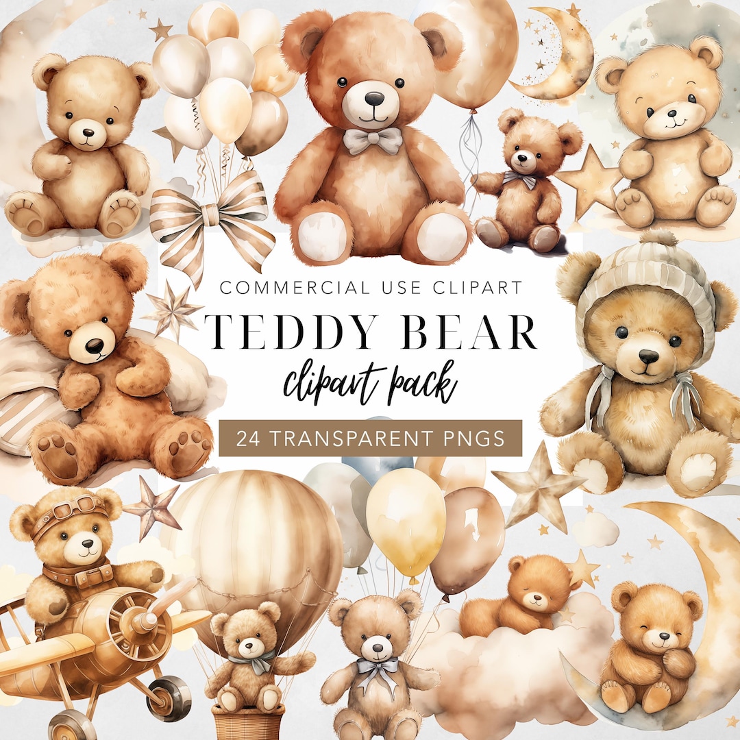 Teddy Bear Clipart Gender Neutral Watercolor Baby Shower Clip Art Cute ...