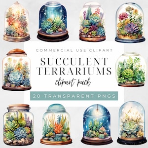 Terrarium Succulent Watercolor Clipart Fantasy Jar Garden Clip art Fairy House Plants Jar Digital Download Commercial Use PNG Set of 20