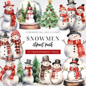 Snowman Clipart Watercolor Snowmen Cute Winter Clip Art Graphics Xmas Christmas Digital Download Commercial Use 300 DPI PNG Set of 19