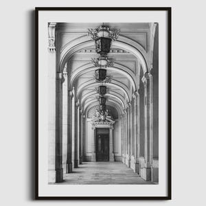 Impresión de arco en blanco y negro, fotografía de arquitectura europea, póster minimalista para decoración de pared.