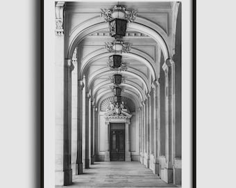 Impresión de arco en blanco y negro, fotografía de arquitectura europea, póster minimalista para decoración de pared.