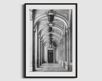 Symmetrical Archway Print: Black and White Baroque Architecture