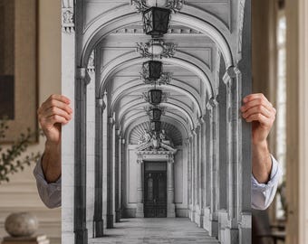 Black and White Arch Corridor Print, European Architecture Photography, Monochrome Hallway Wall Art