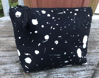 Black & White Batik Pouch: Boxy Cotton Zipper Bag with Tassel