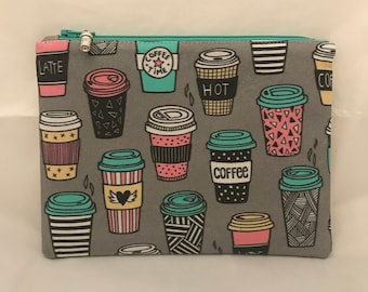 Coffee Lover Coffee/Latte Cup Print Zipper Pouch, Make-Up Bag, Cosmetic Case, Wallet, Gift, Coffee Fabric, Tea, Latte, Coffee Lover, Holiday