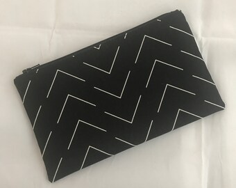 Black & White Minimalist Print Fabric Zipper Pouch, Pencil Case, Cosmetic Case, Make Up Bag, Travel, Wallet, Chevron, Geometric, Minimalist