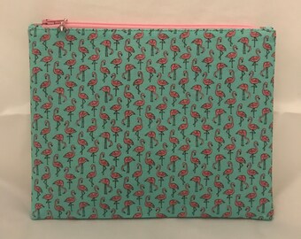 Flamingo Print Zipper Pouch, Make Up Bag, Cosmetic Case, Passport Case, Fabric Wallet, Tropical, Flamingos, Vacation, Bird, Summer, Gift