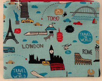 World Travel Passport Zipper Pouch: City Print Cotton Cosmetic Bag