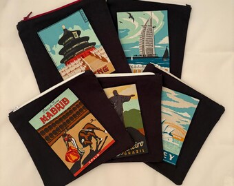 World Travel Postcard Canvas Pouch: Vintage City Applique