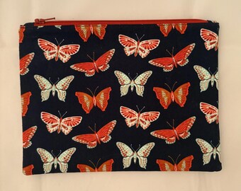 Navy Butterfly Print Zipper Pouch: Fabric Cosmetic Bag