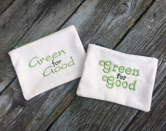 Embroidered Organic Cotton Canvas Zipper Pouch: Eco-Friendly Cosmetic Bag, Wicked Gift, Elphaba, For Good