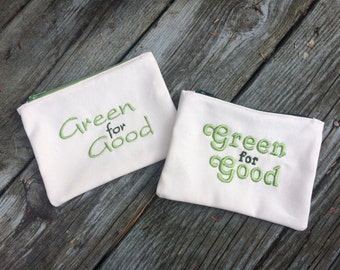 Go Green Embroidered Organic Cotton Canvas Zipper Pouch, Make-Up Bag, Cosmetic Case, Eco-Friendly, Green, Sustainable, Save the Earth, Gifts